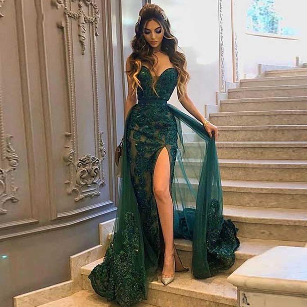 Modern Dark Green Strapless Prom Dresses Sequins Long With Slit Sequin –  Dbrbridal