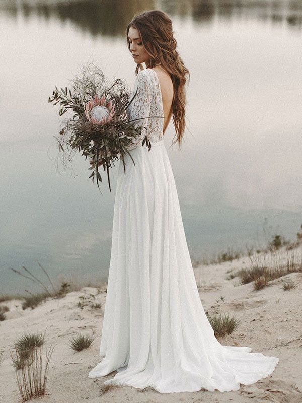 Casual Wedding Dress A-line V-Neck Long Sleeve Floor Length Chiffon Lace Beach  Wedding Dresses – Dbrbridal