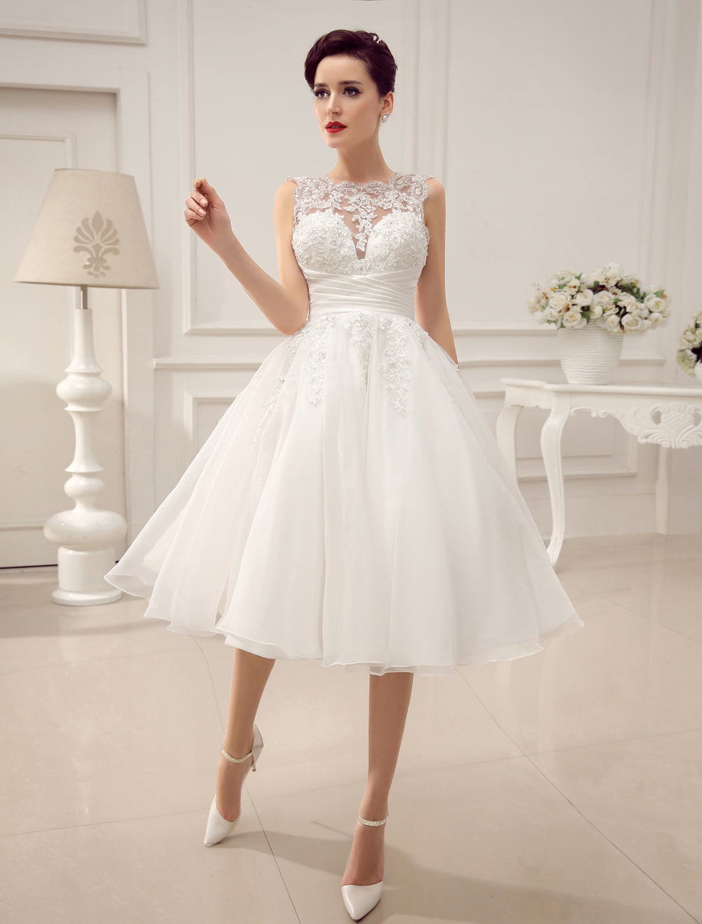 Lace Wedding Dresses short off the shoulder A-line Knee Length Waist Rhinestone  Bridal Dress – Dbrbridal
