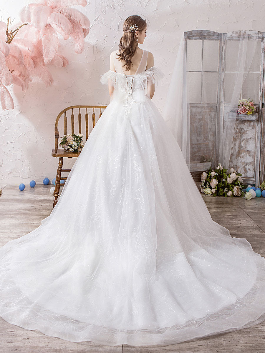 Wedding Dress Princess Silhouette Jewel Neck Short Sleeves