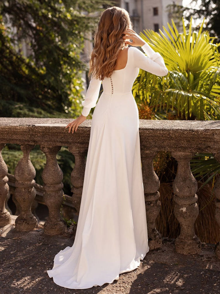 A Line Satin Simple Long Sleeve Wedding Dress with Boat Neck