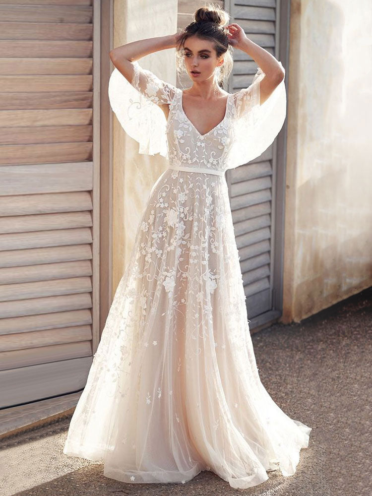 Short Jagged Lace Long Sleeves Cute Wedding Dress - VQ