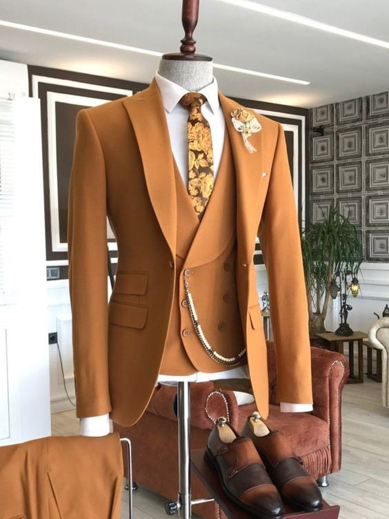 Elegant Three Piece Orange Men's Suits with Flap Pockets