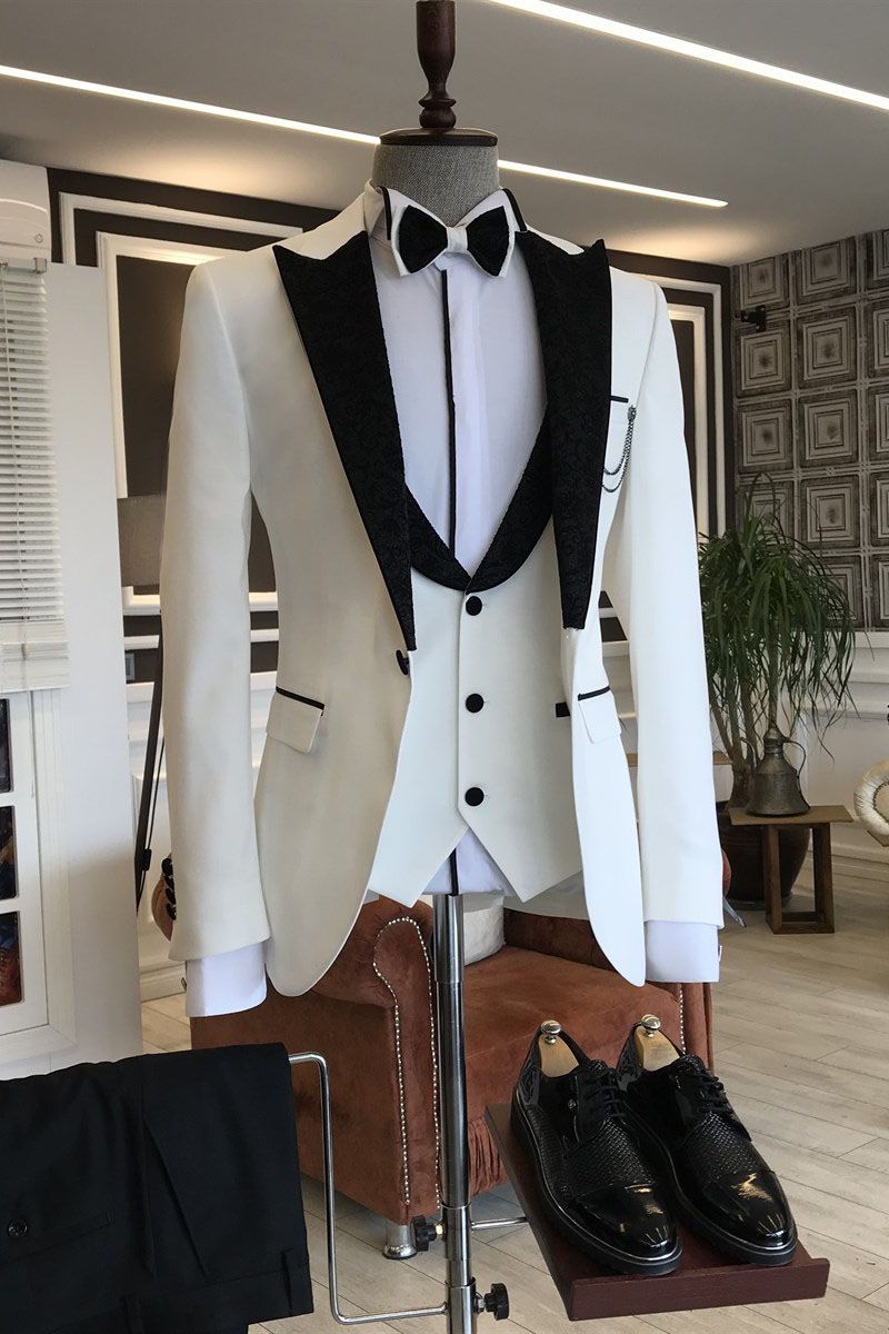 3-pieces White Men's Prom Suits mixed Black Peaked Lapel