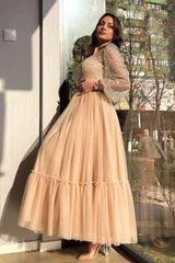 A-line Jewel Ankle Length Multiple Layers Long Sleeve Sequins Prom Dresses