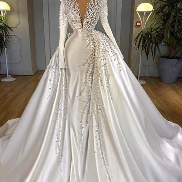 Amazing Long Sleeve Pearls Wedding Dress V-Neck With Detachable Train On  Sale