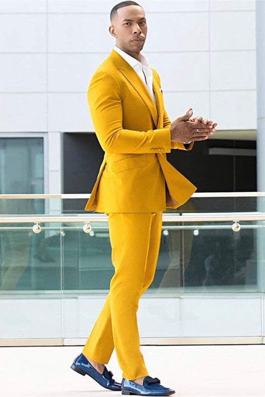 Amazing Yellow Double Breasted Peaked Lapel Men's Prom Suits Online