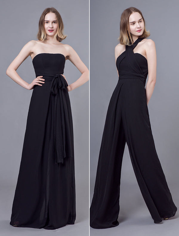 Black Formal Wedding Party Convertible Chiffon Long One Size Fits All Bridesmaid Jumpsuits