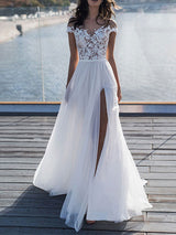 boho wedding dresses lace off the shoulder short sleeve floor length ...