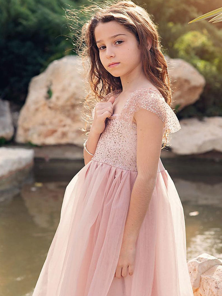 Cameo Brown Jewel Neck Ankle-Length A-Line Lace Formal Kids Pageant flower girl dresses