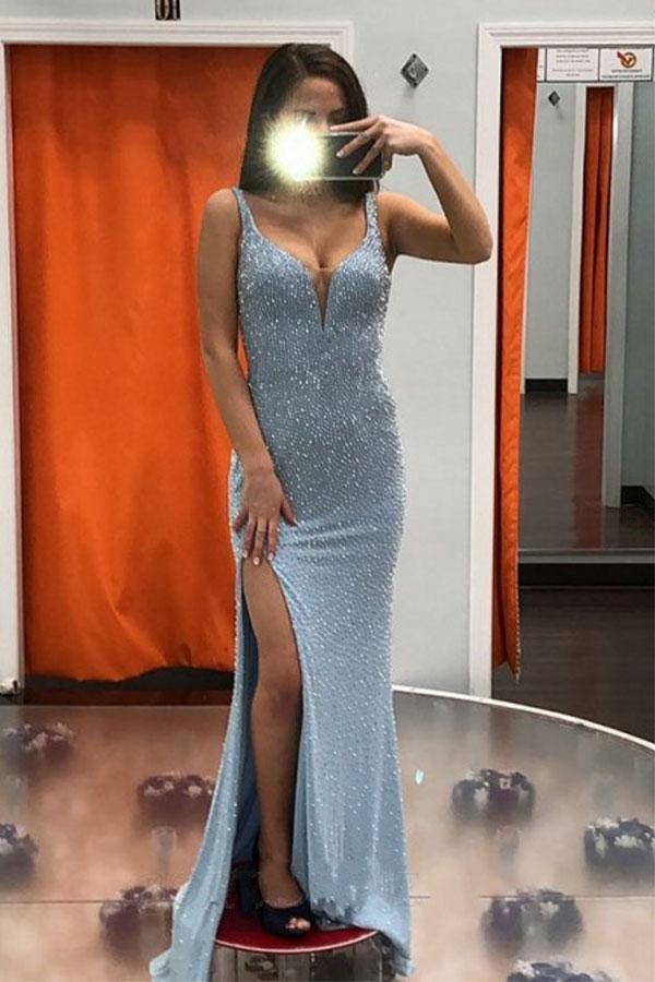 Chic Light Sky Blue High Split Gorgeous Beadings Prom Dresses Online