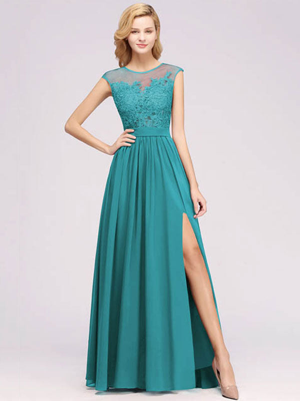 Chiffon A Line Illusion Neck Sleeveless Floor Length Bridesmaid Dresses