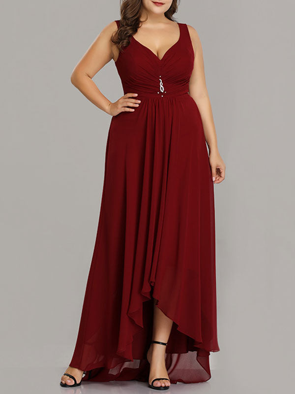 Chiffon A Line Vneck Asymmetrical Plus Size Wedding Party Bridesmaid Dress