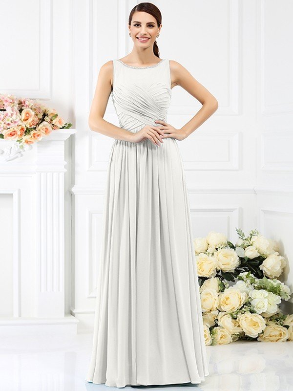 Classic Bateau Pleats Sleeveless Long Chiffon Bridesmaid Dresses