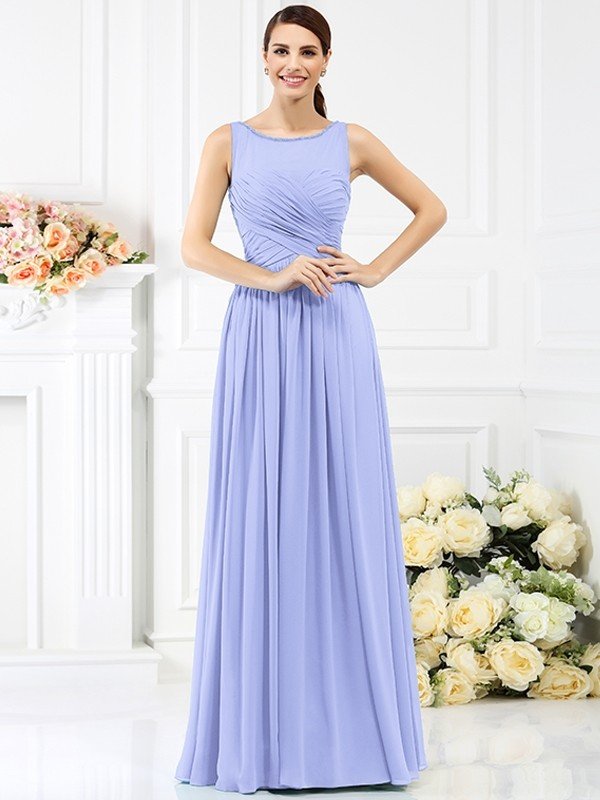 Classic Bateau Pleats Sleeveless Long Chiffon Bridesmaid Dresses