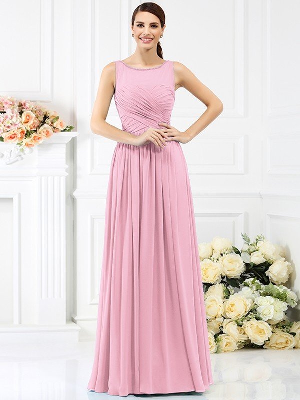 Classic Bateau Pleats Sleeveless Long Chiffon Bridesmaid Dresses