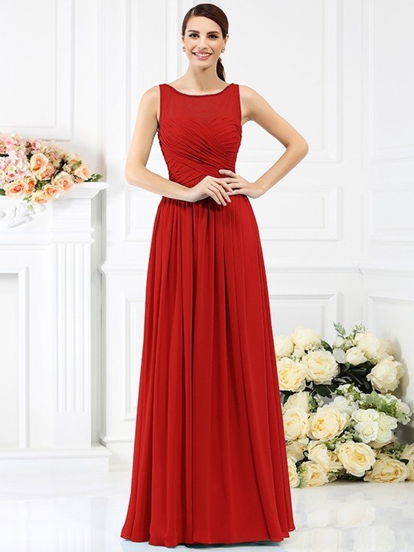 Classic Bateau Pleats Sleeveless Long Chiffon Bridesmaid Dresses