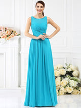 Classic Bateau Pleats Sleeveless Long Chiffon Bridesmaid Dresses