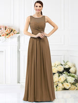 Classic Bateau Pleats Sleeveless Long Chiffon Bridesmaid Dresses