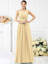 Classic Bateau Pleats Sleeveless Long Chiffon Bridesmaid Dresses