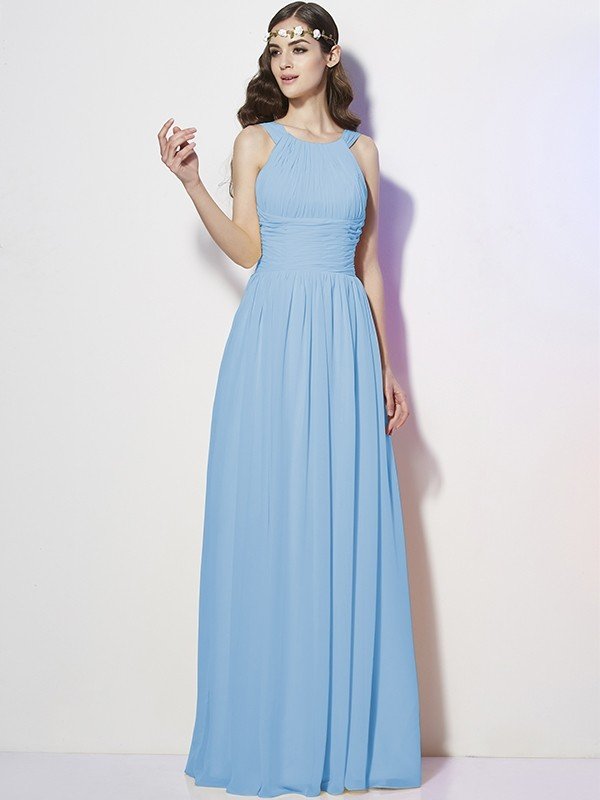 Classic Bateau Sleeveless Pleats Long Chiffon Bridesmaid Dresses