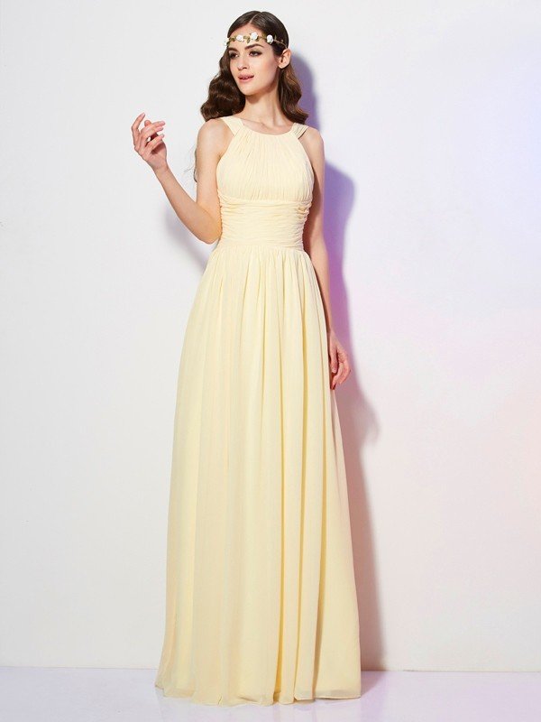 Classic Bateau Sleeveless Pleats Long Chiffon Bridesmaid Dresses