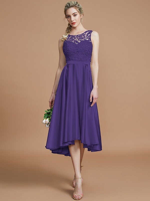 Classic Bateau Sleeveless Ruffles Asymmetrical Bridesmaid Dresses