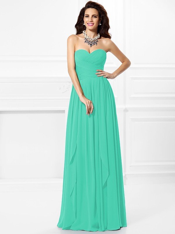 Classy Sweetheart Pleats Ruffles Sleeveless Long Chiffon Bridesmaid Dresses