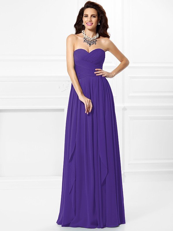 Classy Sweetheart Pleats Ruffles Sleeveless Long Chiffon Bridesmaid Dresses