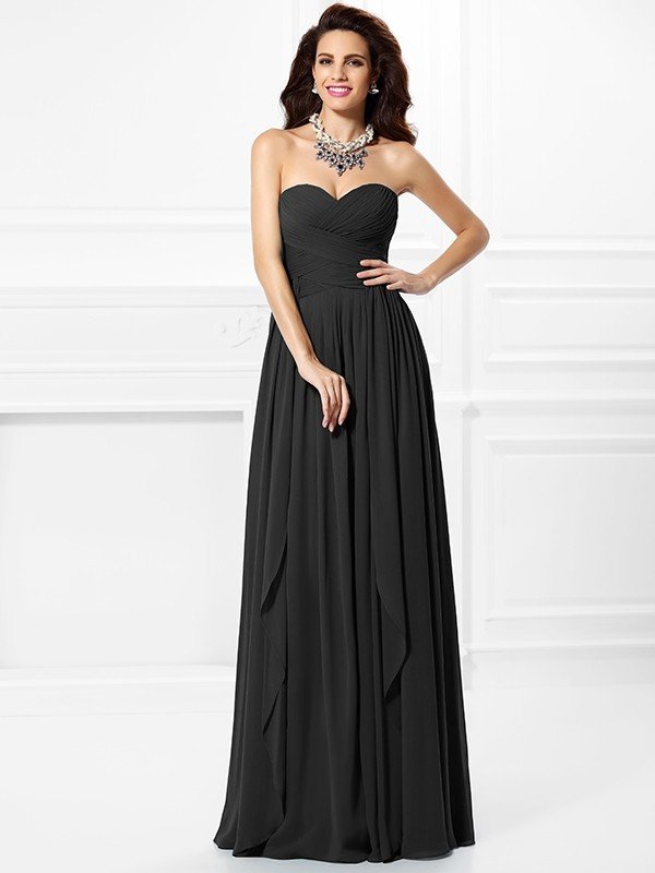 Classy Sweetheart Pleats Ruffles Sleeveless Long Chiffon Bridesmaid Dresses