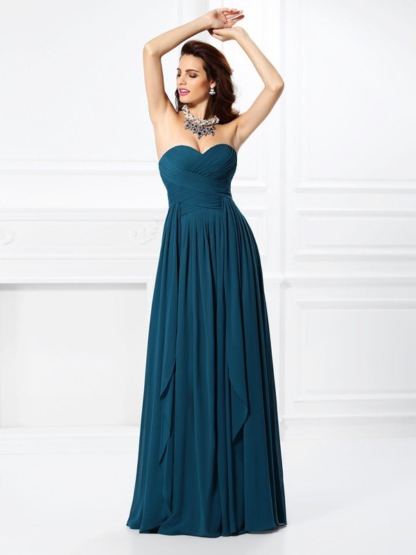 Classy Sweetheart Pleats Ruffles Sleeveless Long Chiffon Bridesmaid Dresses