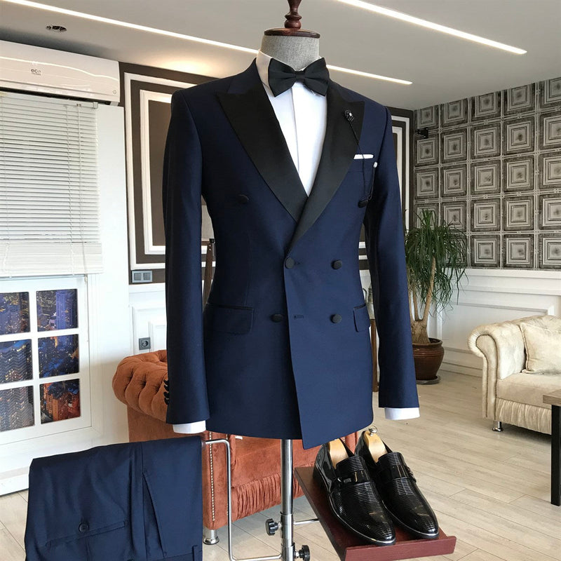 Double Breasted Slim Fit Navy Blue Men Suit