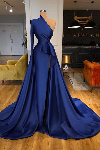 Dark Royal Blue Ruffles Side cut Overskirt Prom Dress One