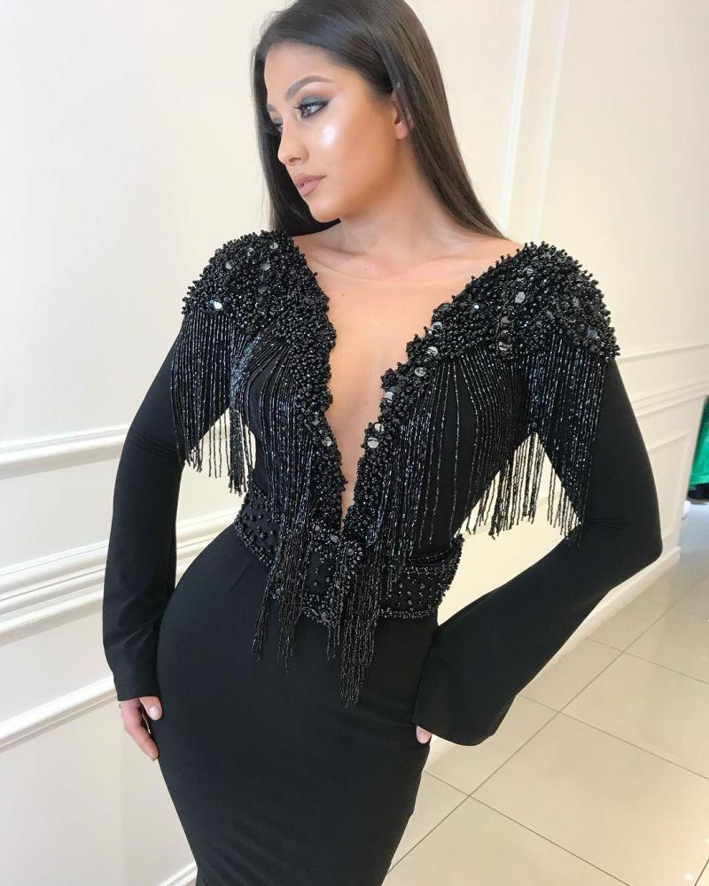 Deep Chic V-Neck Open Back Black Prom Dresses Fit and Flare Chic Long Sleevess Beads Tassels Evening Gown