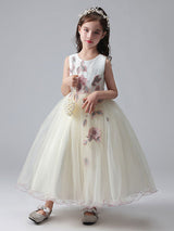 Ecru White Jewel Neck Sleeveless Ankle-Length Princess Dress Tulle Flowers Beaded Embroidered Formal Kids Pageant flower girl dresses