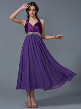 Elegant Halter Sleeveless Beading Long Chiffon Bridesmaid Dresses