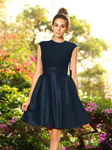 Elegant High Neck Bowknot Sleeveless Short Satin Bridesmaid Dresses