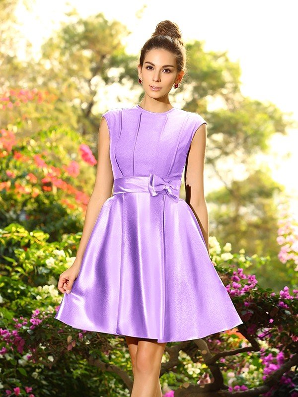 Elegant High Neck Bowknot Sleeveless Short Satin Bridesmaid Dresses