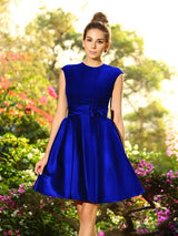 Elegant High Neck Bowknot Sleeveless Short Satin Bridesmaid Dresses