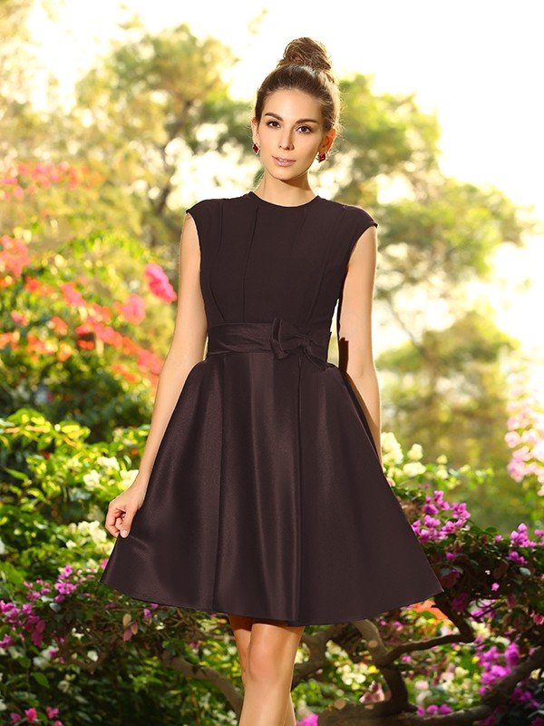 Elegant High Neck Bowknot Sleeveless Short Satin Bridesmaid Dresses