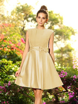 Elegant High Neck Bowknot Sleeveless Short Satin Bridesmaid Dresses