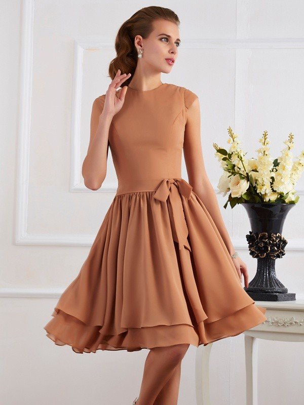 Elegant High Neck Sleeveless Sash/Ribbon/Belt Short Chiffon Bridesmaid Dresses