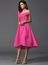 Elegant Off-the-Shoulder Sleeveless High Low Satin Bridesmaid Dresses