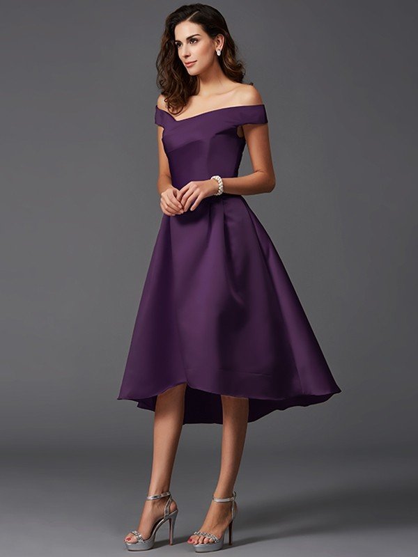 Elegant Off-the-Shoulder Sleeveless High Low Satin Bridesmaid Dresses