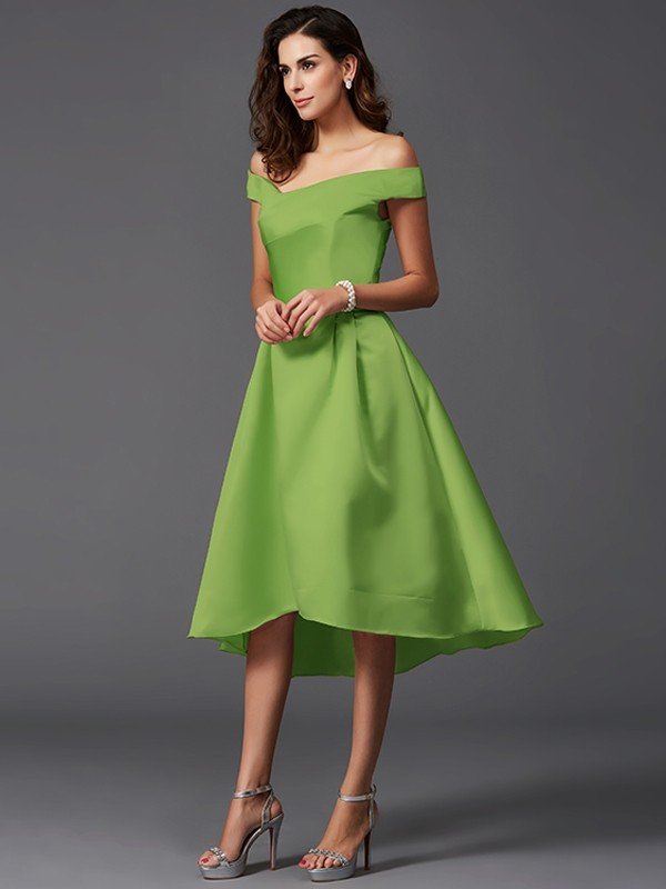 Elegant Off-the-Shoulder Sleeveless High Low Satin Bridesmaid Dresses