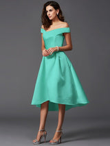 Elegant Off-the-Shoulder Sleeveless High Low Satin Bridesmaid Dresses