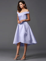 Elegant Off-the-Shoulder Sleeveless High Low Satin Bridesmaid Dresses