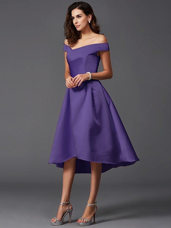 Elegant Off-the-Shoulder Sleeveless High Low Satin Bridesmaid Dresses