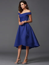 Elegant Off-the-Shoulder Sleeveless High Low Satin Bridesmaid Dresses