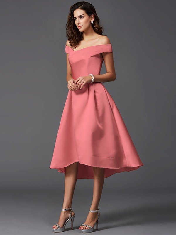 Elegant Off-the-Shoulder Sleeveless High Low Satin Bridesmaid Dresses